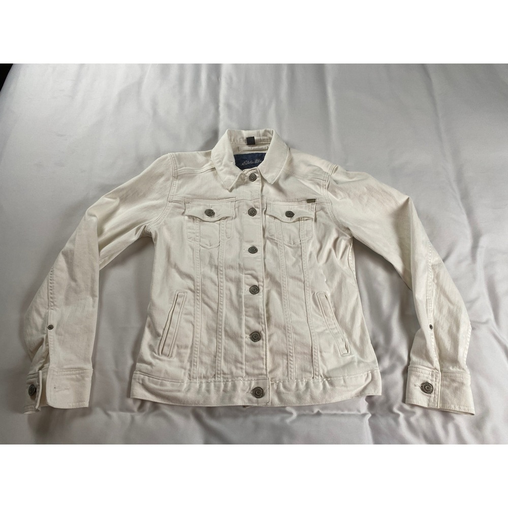 Eddie Bauer Denim Jacket Womens M White Excellent Trucker Cotton Blend Stretch